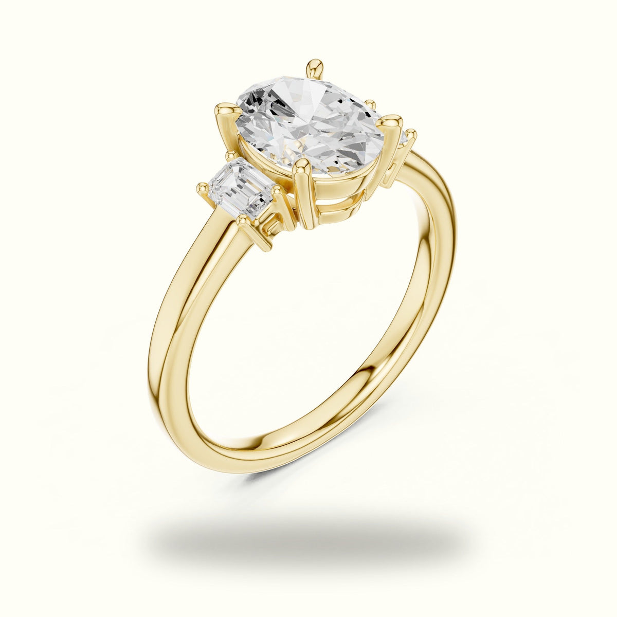 Oval Three-Stone Basket Lab-Grown Diamond Ring — Yellow gold, view 2 | Crystal N Cuts