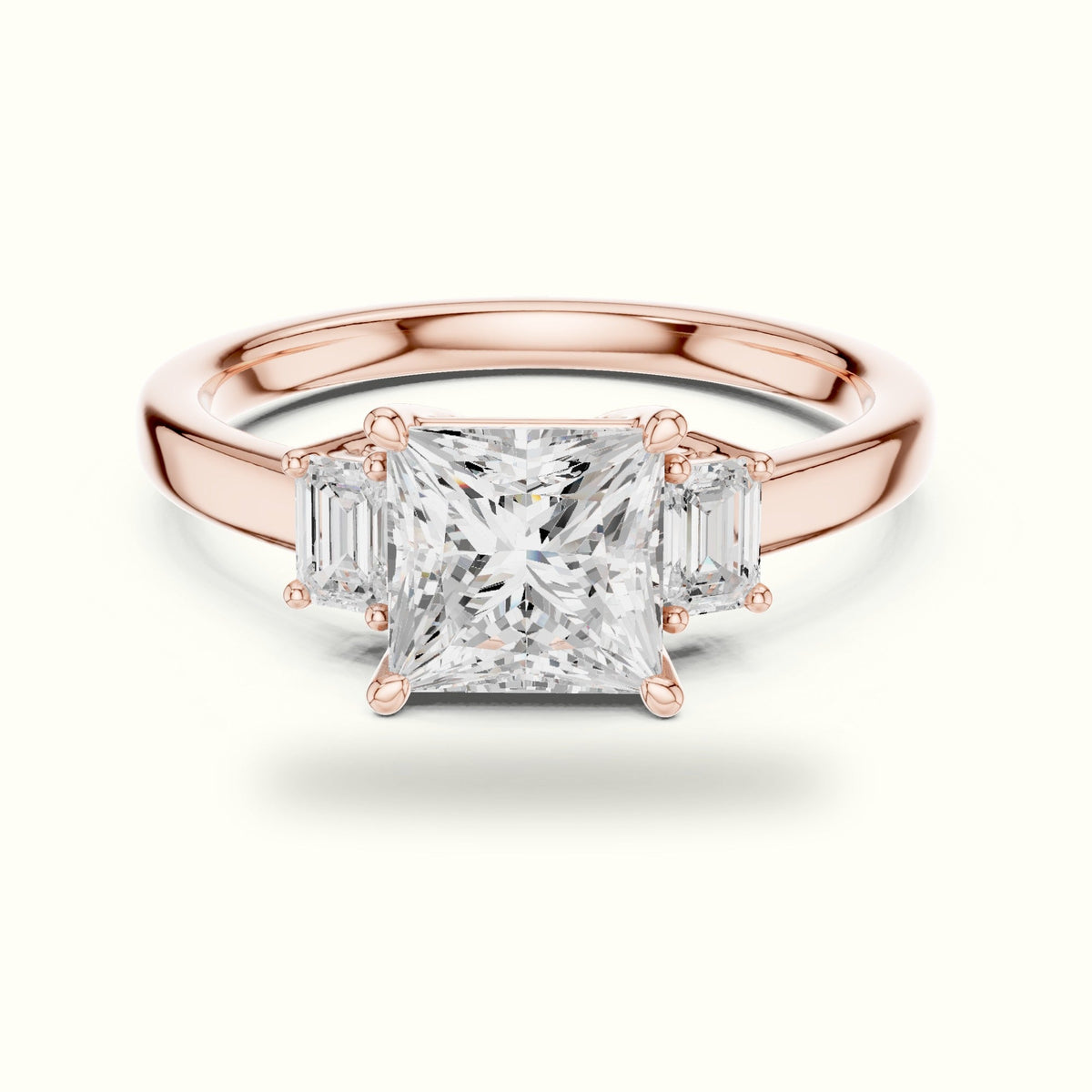 Princess Three-Stone Lab-Grown Diamond Ring — Rose gold, front view | Crystal N Cuts
