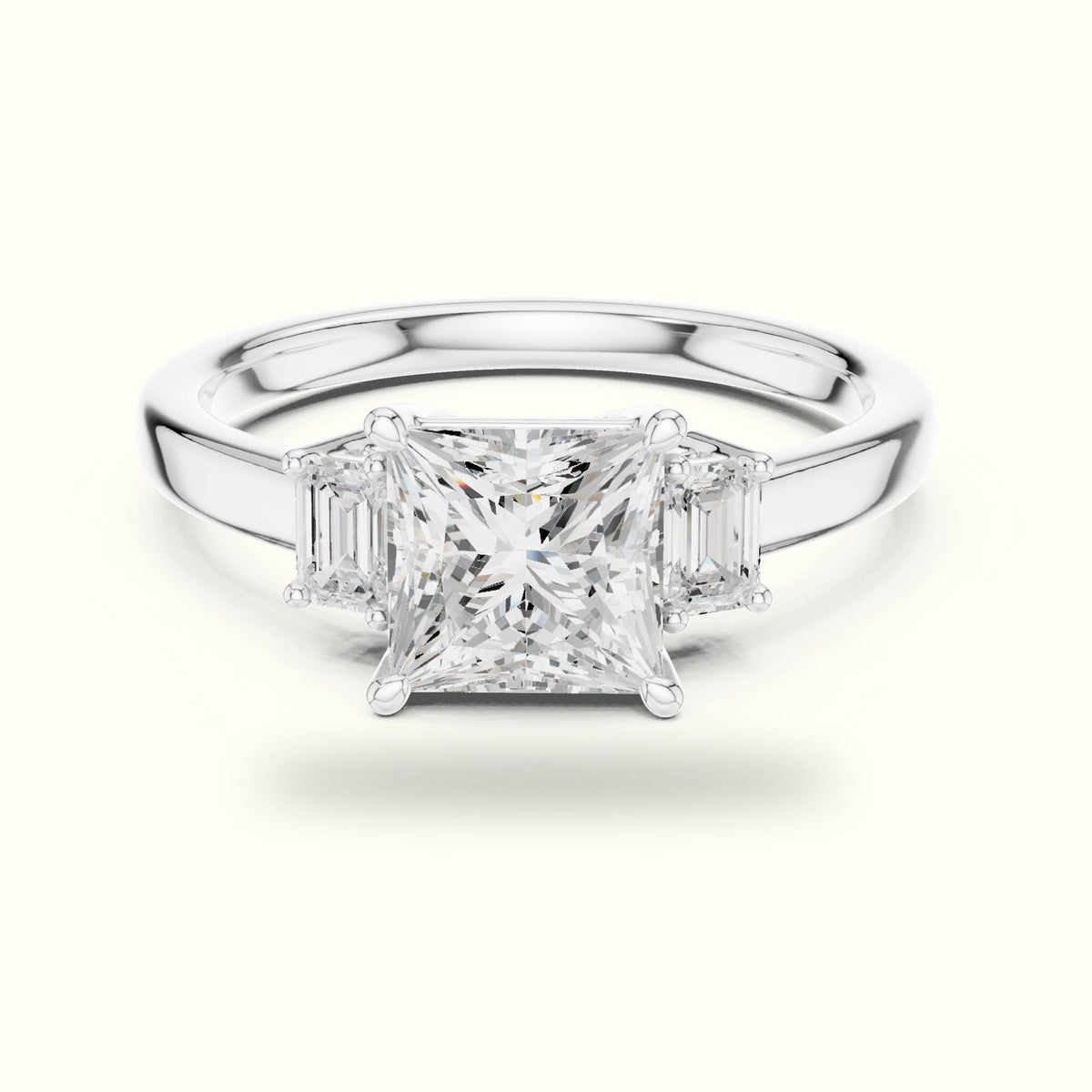 Princess Three-Stone Lab-Grown Diamond Ring — White gold, front view | Crystal N Cuts
