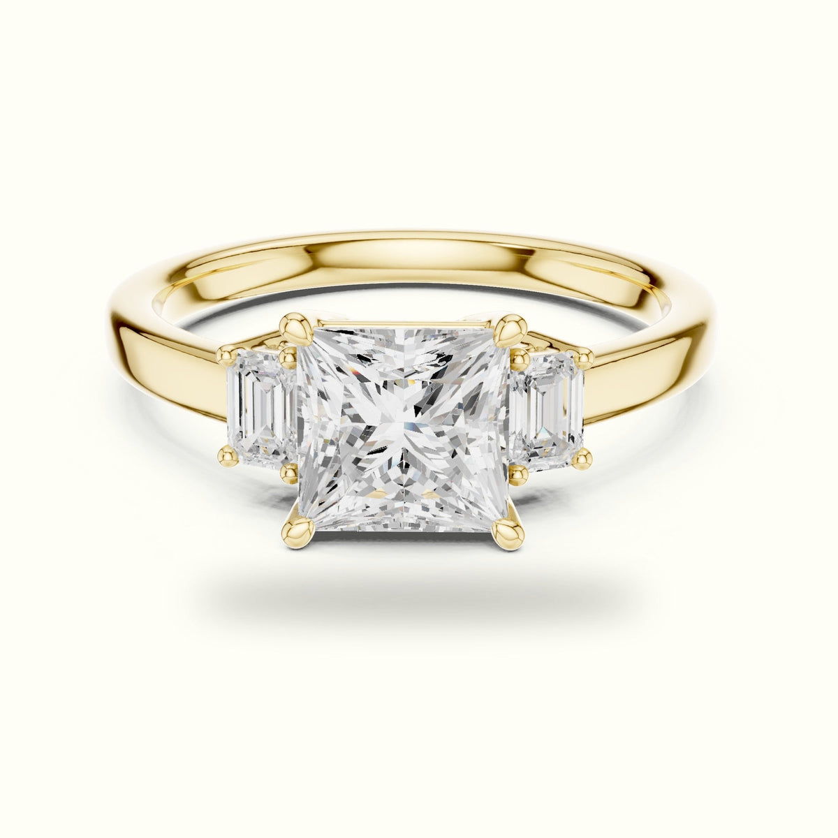 Princess Three-Stone Lab-Grown Diamond Ring — Yellow gold, front view | Crystal N Cuts
