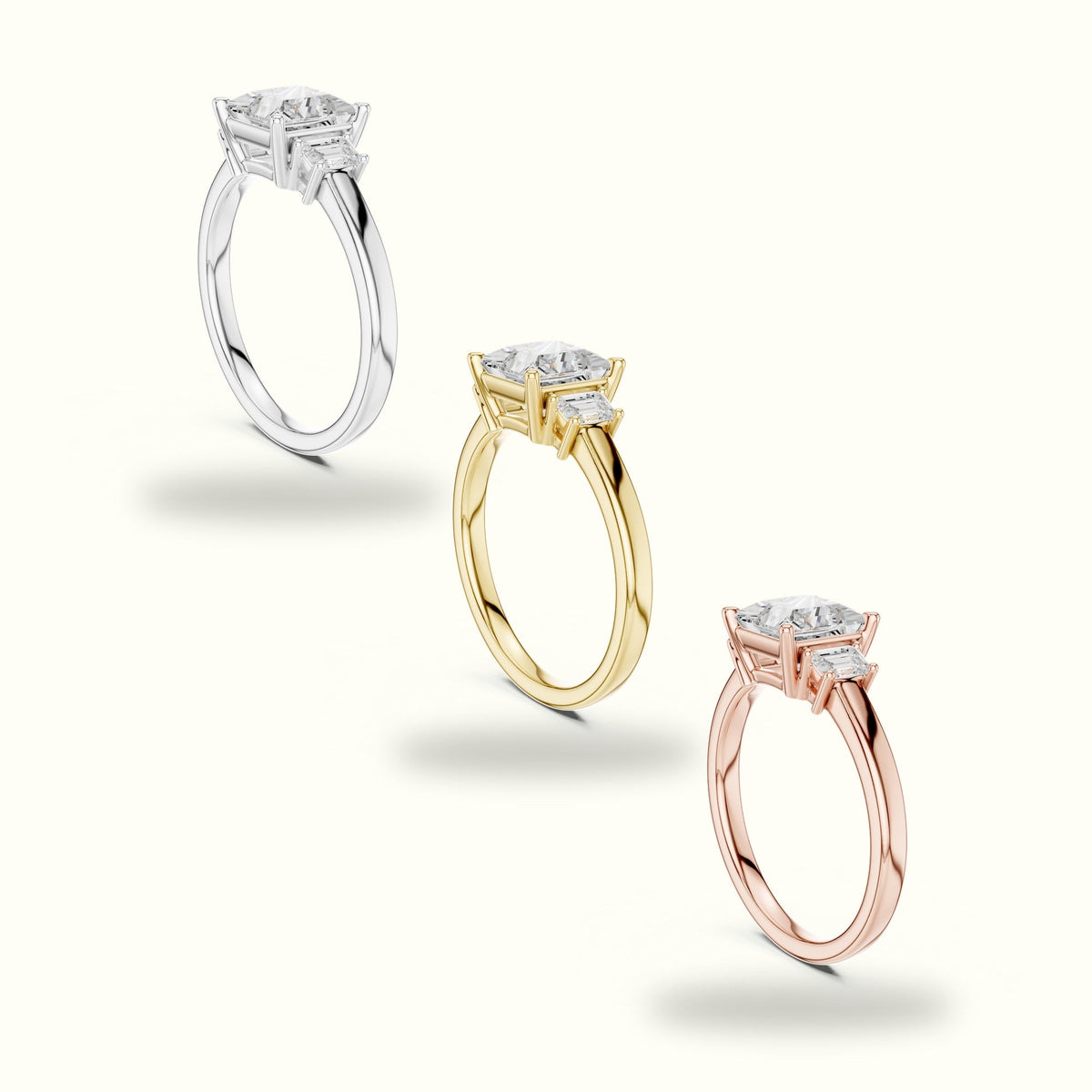 Princess Three-Stone Lab-Grown Diamond Ring — White gold, in yellow, white and rose gold | Crystal N Cuts
