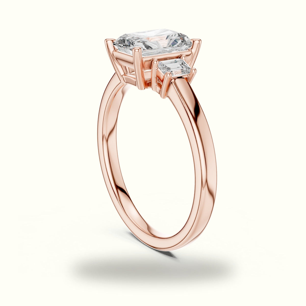 Radiant Three-Stone Lab-Grown Diamond Ring — Rose gold, view 1 | Crystal N Cuts