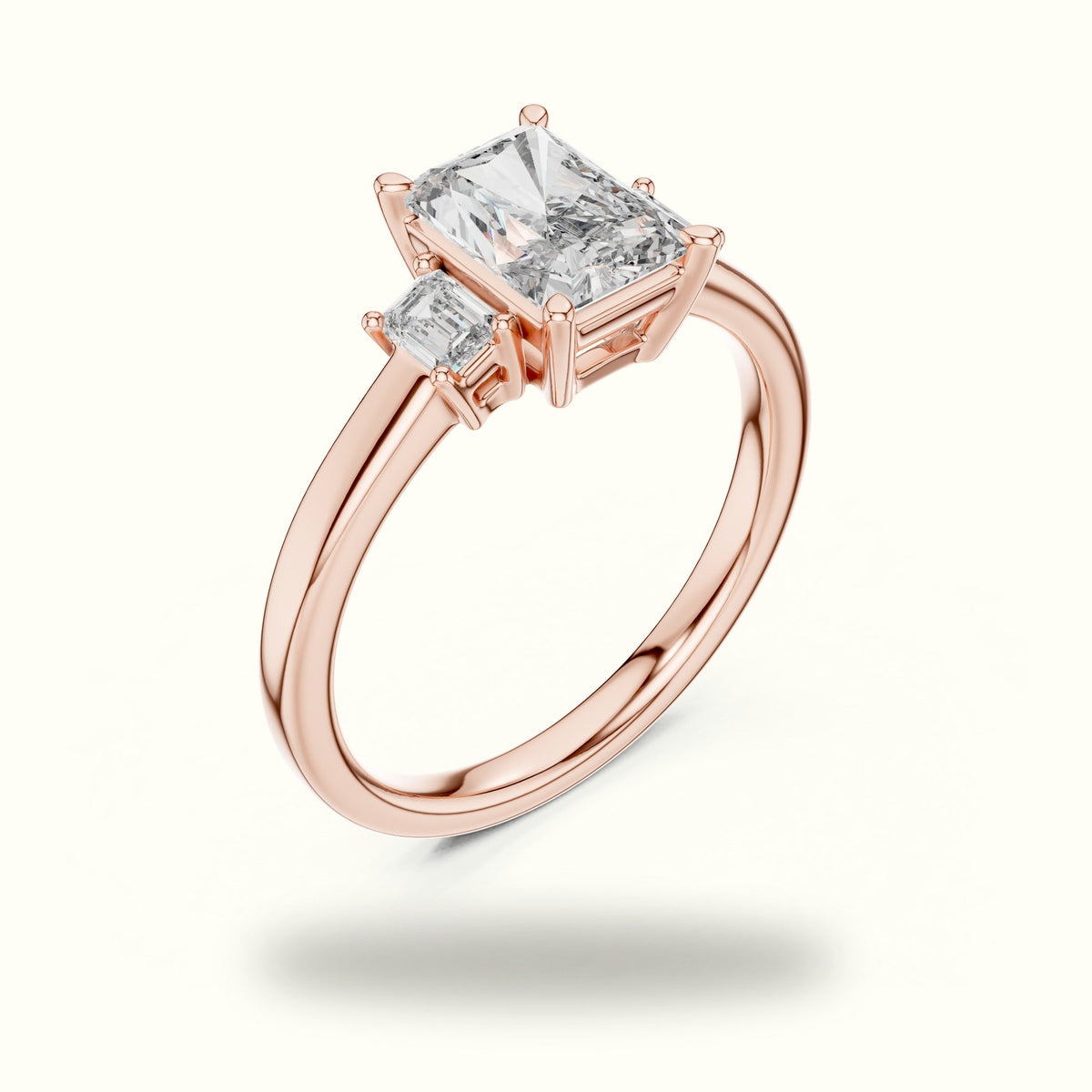 Radiant Three-Stone Lab-Grown Diamond Ring — Rose gold, view 2 | Crystal N Cuts