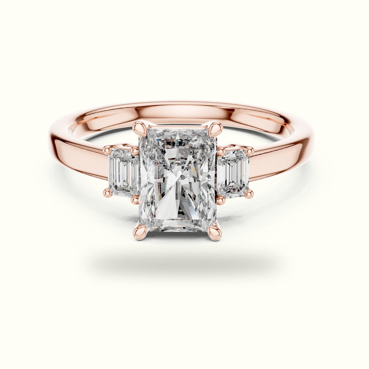 Radiant Three-Stone Lab-Grown Diamond Ring — Rose gold, front view | Crystal N Cuts