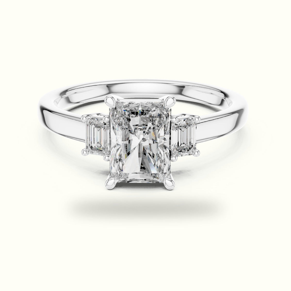 Radiant Three-Stone Lab-Grown Diamond Ring — White gold, front view | Crystal N Cuts