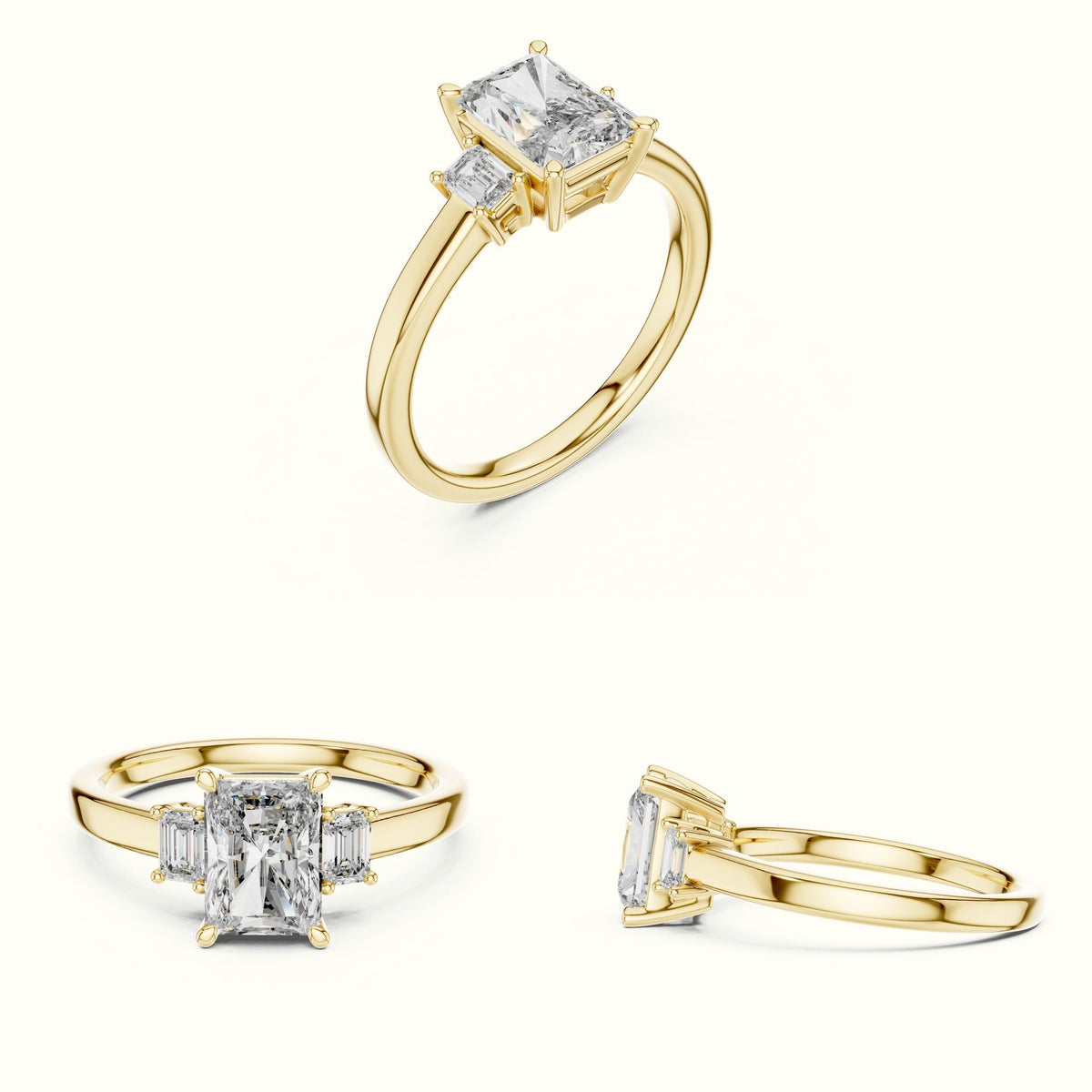 Radiant Three-Stone Lab-Grown Diamond Ring — Yellow gold, on the hand | Crystal N Cuts