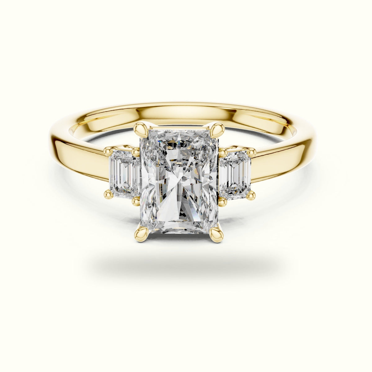 Radiant Three-Stone Lab-Grown Diamond Ring — Yellow gold, front view | Crystal N Cuts