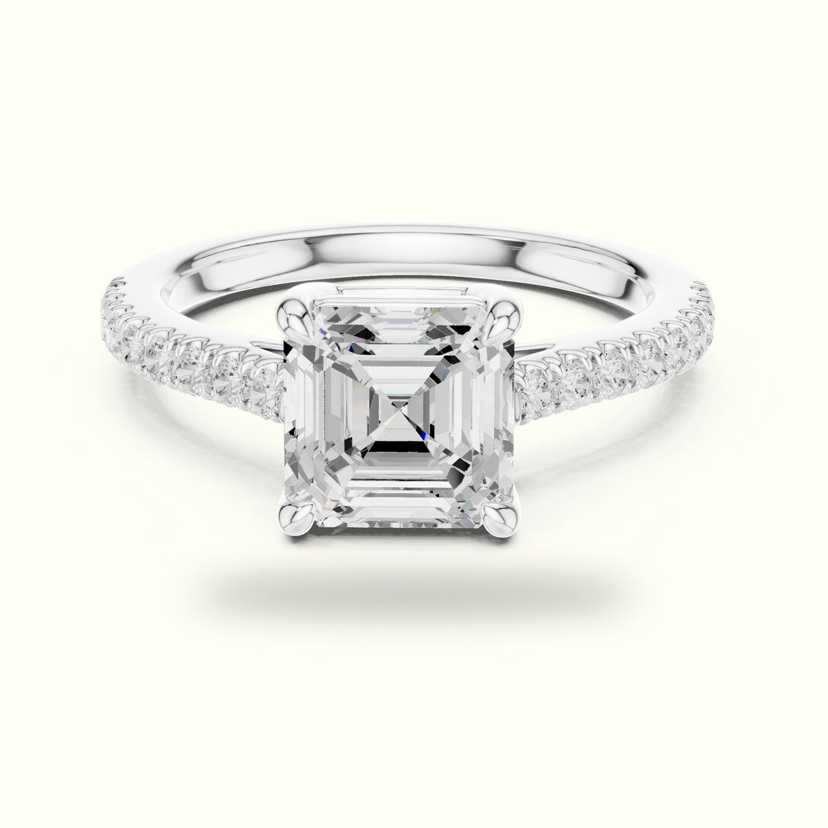 Asscher Lab Grown lab-grown diamond Pavé Engagement Ring — White gold, front view | Crystal N Cuts