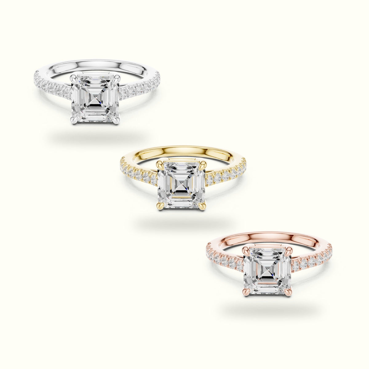Asscher Lab Grown lab-grown diamond Pavé Engagement Ring — White gold, front view | Crystal N Cuts