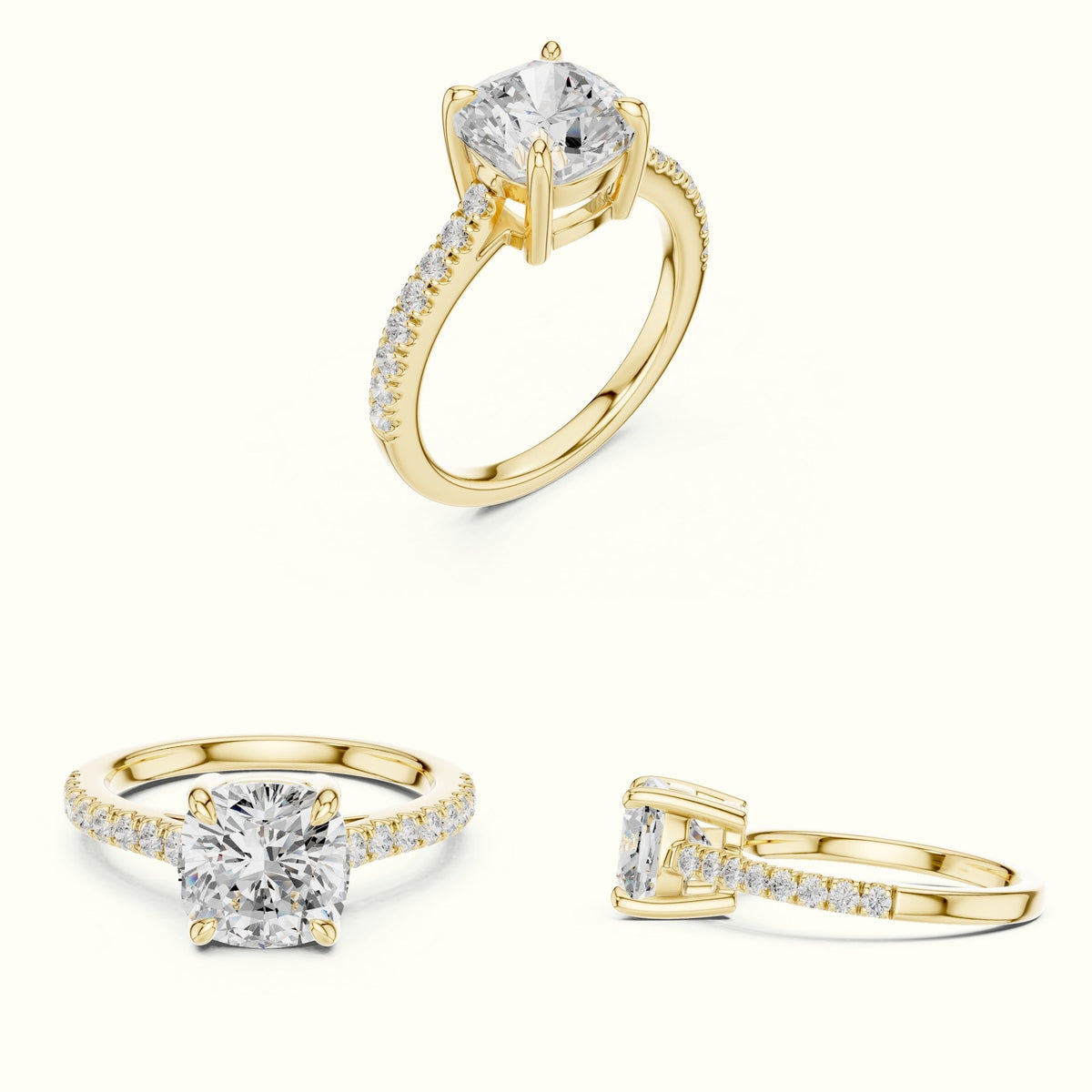 Cushion Lab Grown lab-grown diamond Solitaire Engagement Ring — Yellow gold, on the hand | Crystal N Cuts