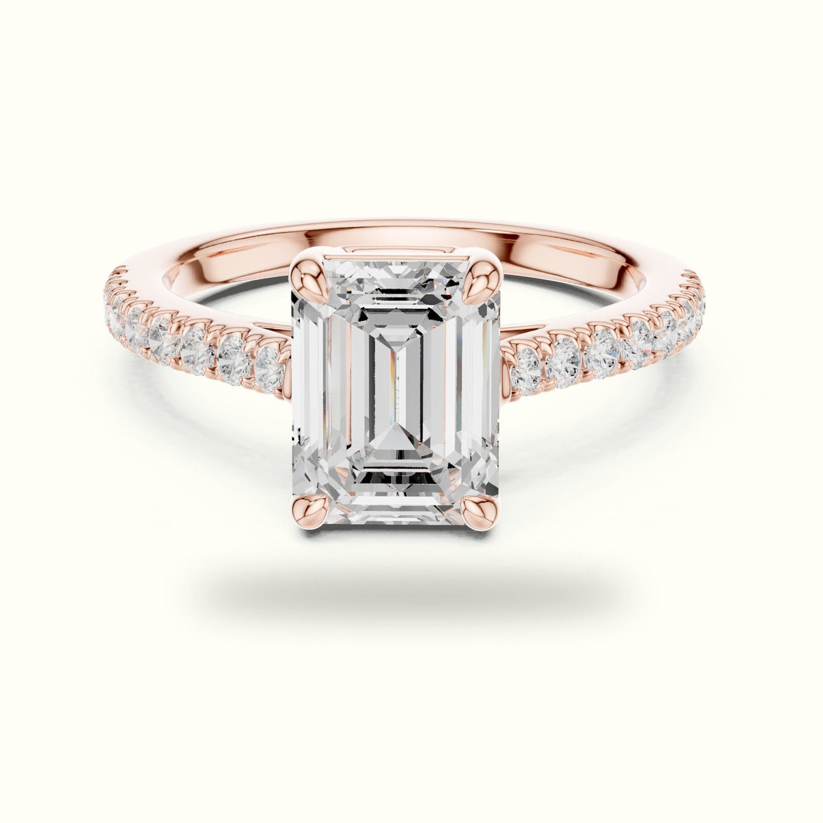 Emerald Lab Grown lab-grown diamond Engagement Ring with Accent-Set Shoulders — Rose gold, front view | Crystal N Cuts