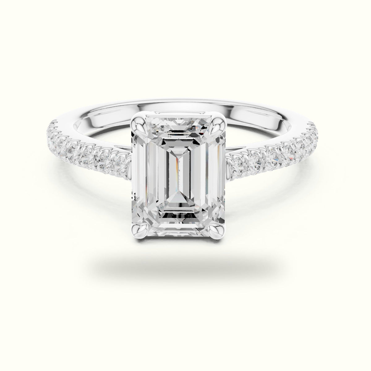 Emerald Lab Grown lab-grown diamond Engagement Ring with Accent-Set Shoulders — White gold, front view | Crystal N Cuts