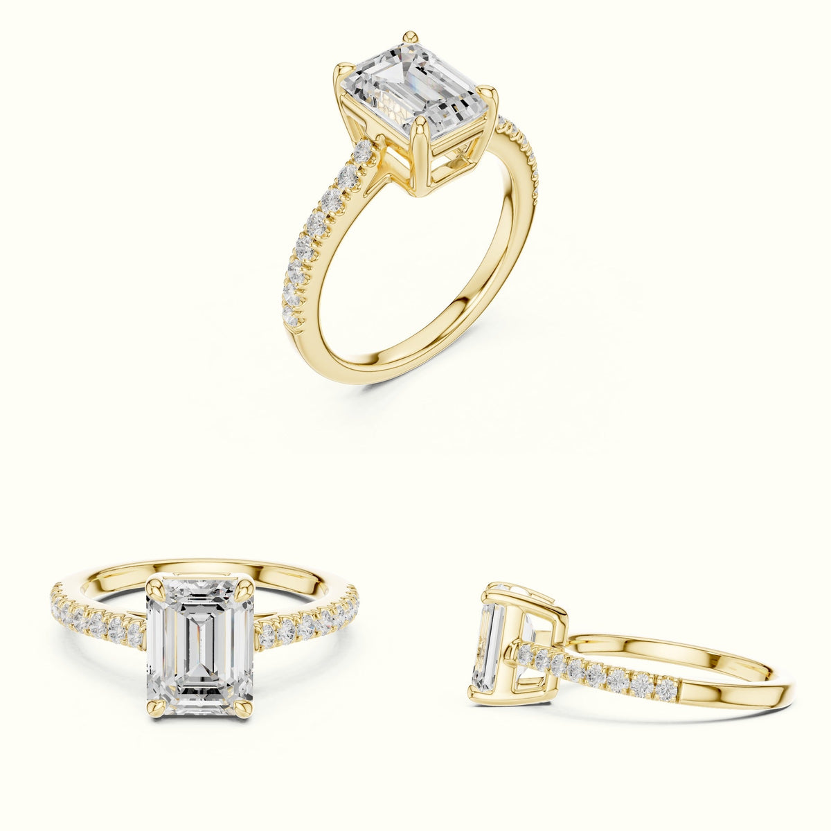 Emerald Lab Grown lab-grown diamond Engagement Ring with Accent-Set Shoulders — Yellow gold, on the hand | Crystal N Cuts
