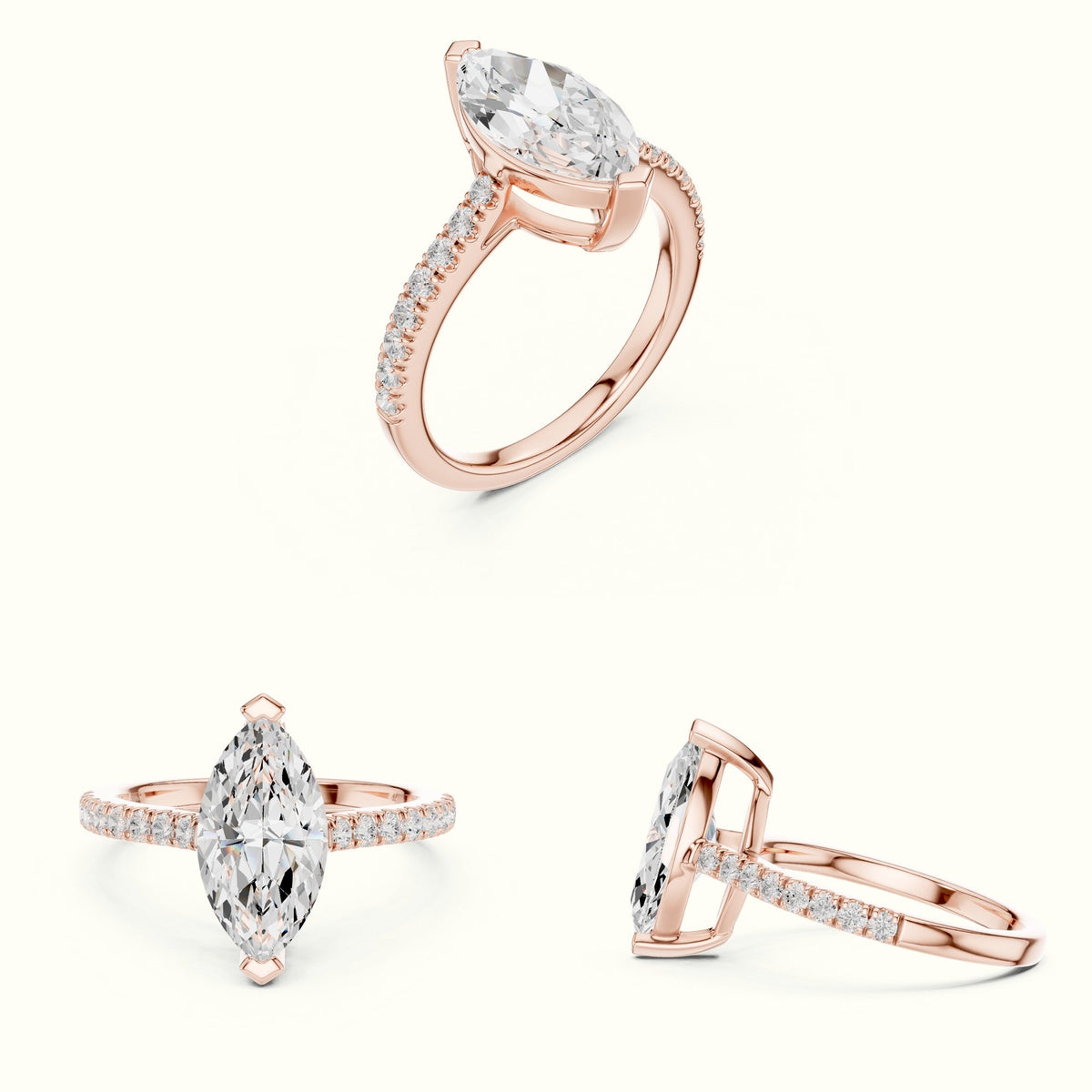 Marquise Lab Grown lab-grown diamond Basket Solitaire Engagement Ring — Rose gold, on the hand | Crystal N Cuts