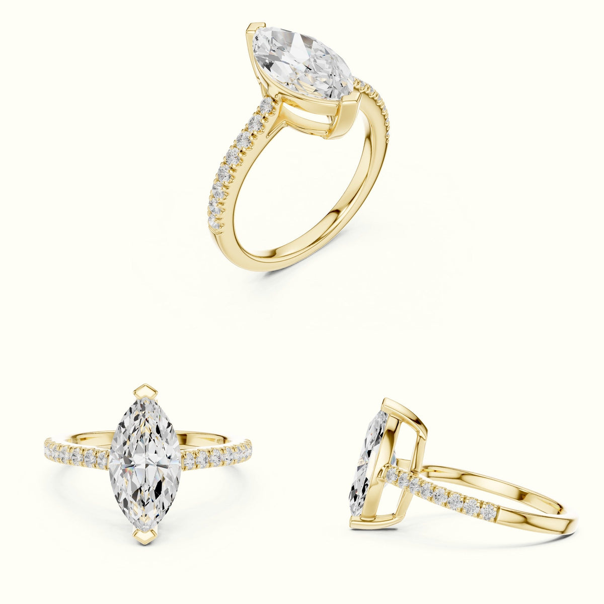 Marquise Lab Grown lab-grown diamond Basket Solitaire Engagement Ring — Yellow gold, on the hand | Crystal N Cuts