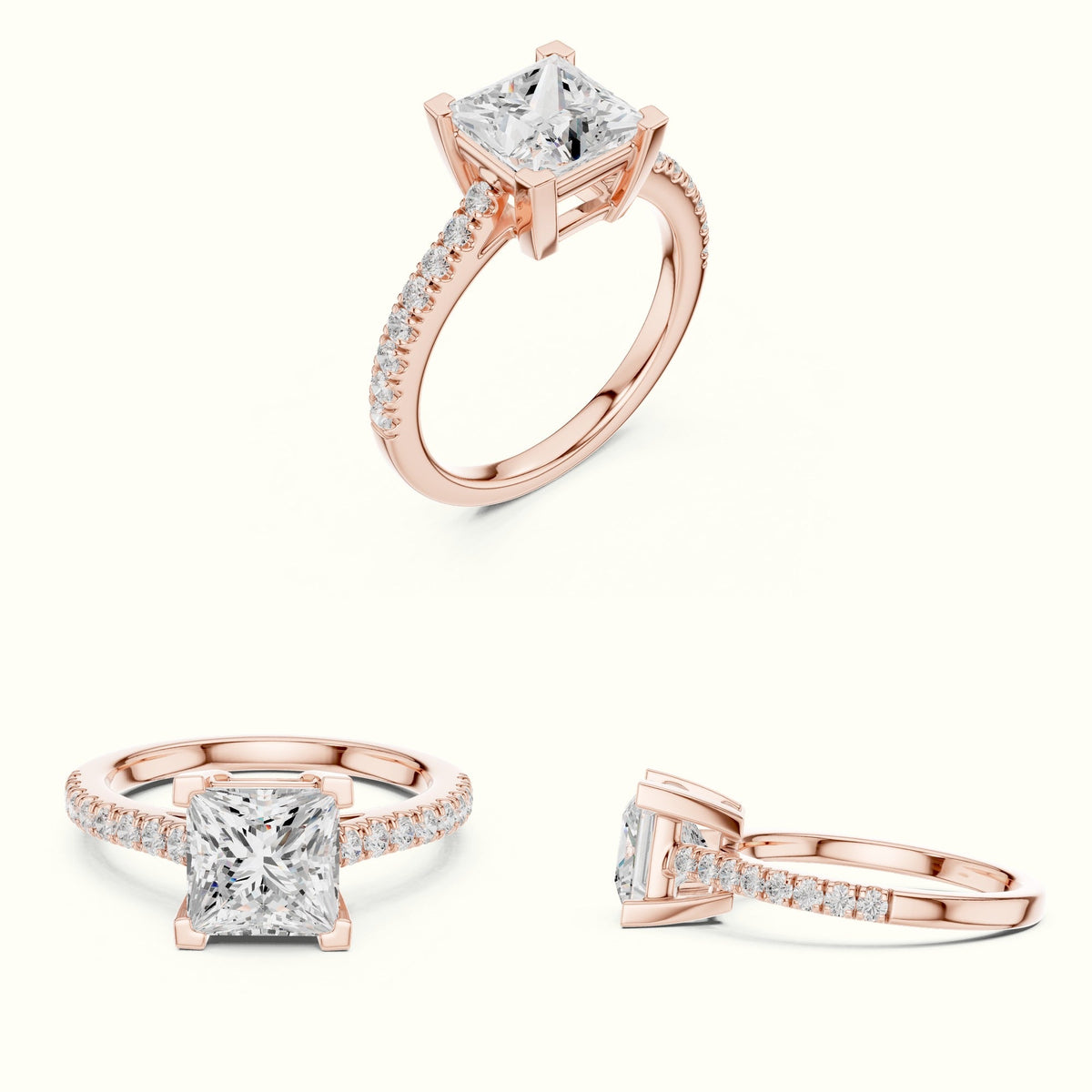 Princess Lab Grown lab-grown diamond Pavé Engagement Ring — Rose gold, on the hand | Crystal N Cuts
