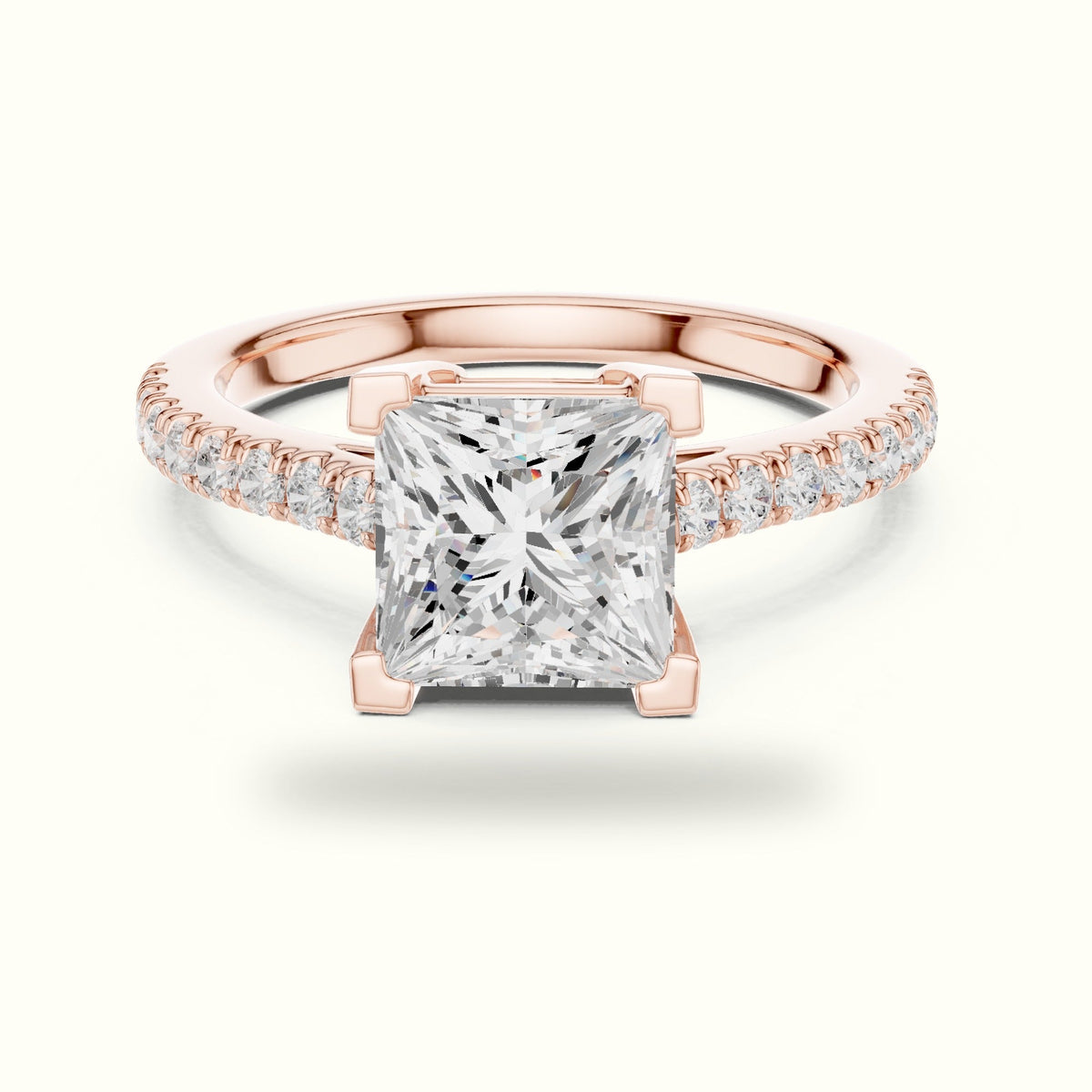 Princess Lab Grown lab-grown diamond Pavé Engagement Ring — Rose gold, front view | Crystal N Cuts