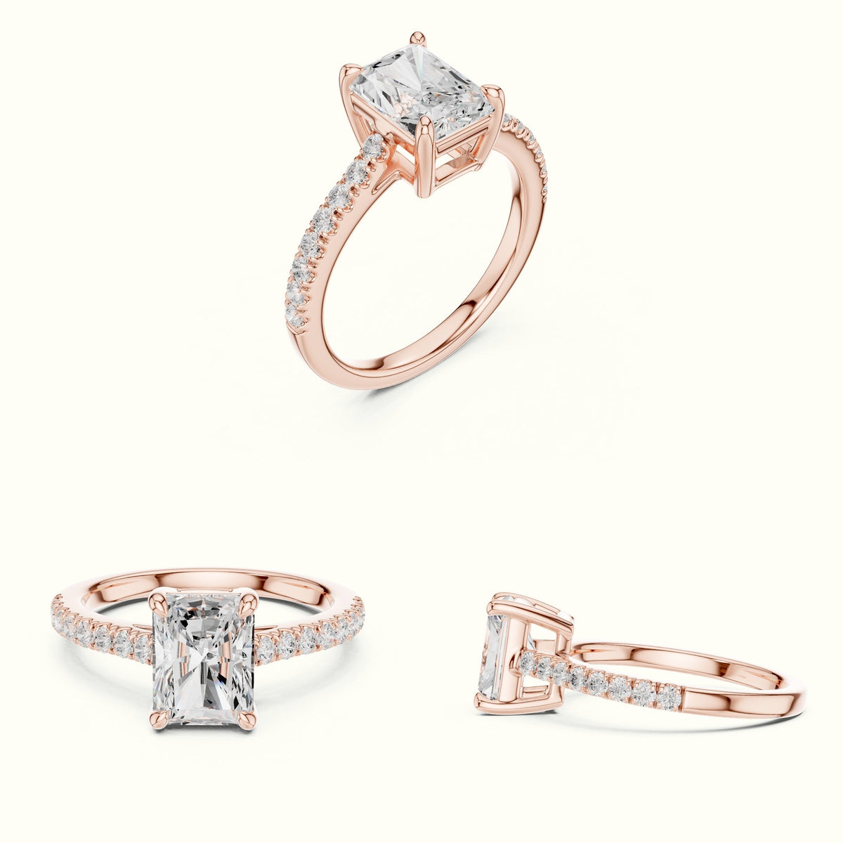 Radiant Lab Grown lab-grown diamond Pavé Engagement Ring — Rose gold, on the hand | Crystal N Cuts