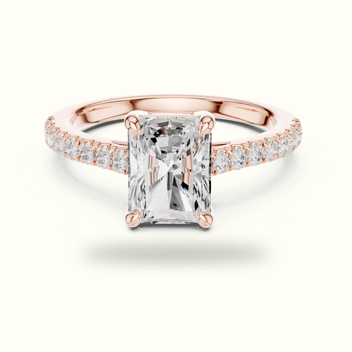 Radiant Lab Grown lab-grown diamond Pavé Engagement Ring — Rose gold, front view | Crystal N Cuts