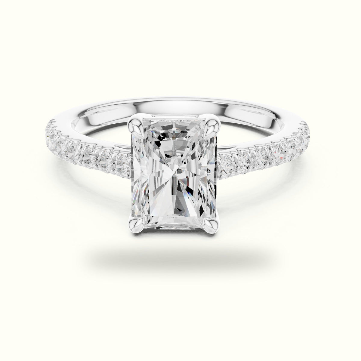 Radiant Lab Grown lab-grown diamond Pavé Engagement Ring — White gold, front view | Crystal N Cuts