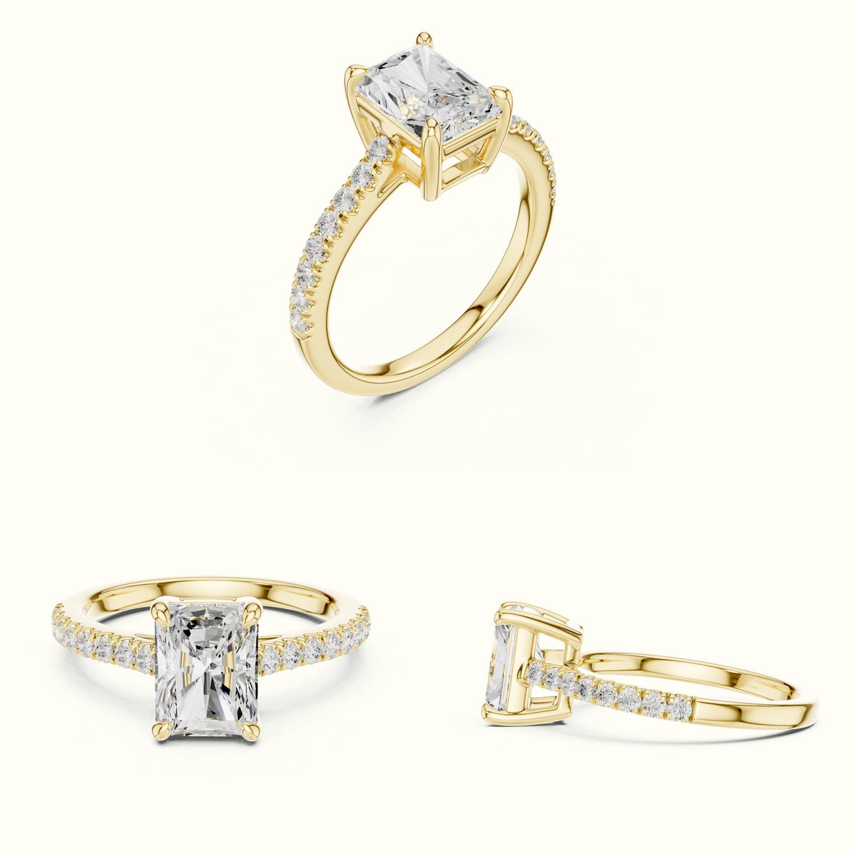 Radiant Lab Grown lab-grown diamond Pavé Engagement Ring — Yellow gold, on the hand | Crystal N Cuts