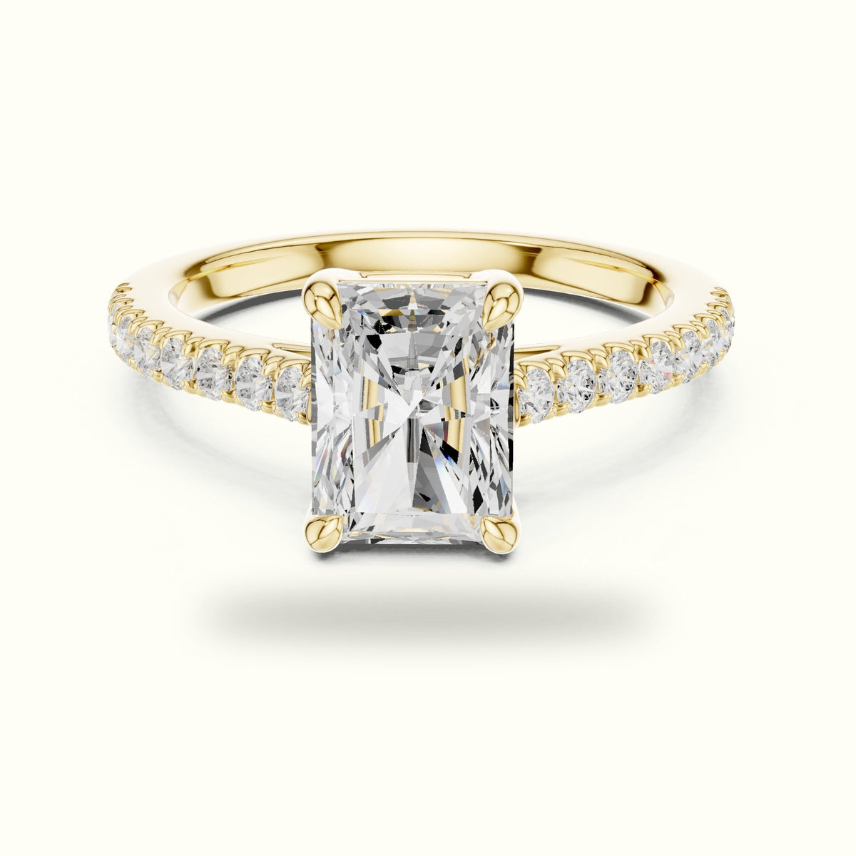 Radiant Lab Grown lab-grown diamond Pavé Engagement Ring — Yellow gold, front view | Crystal N Cuts