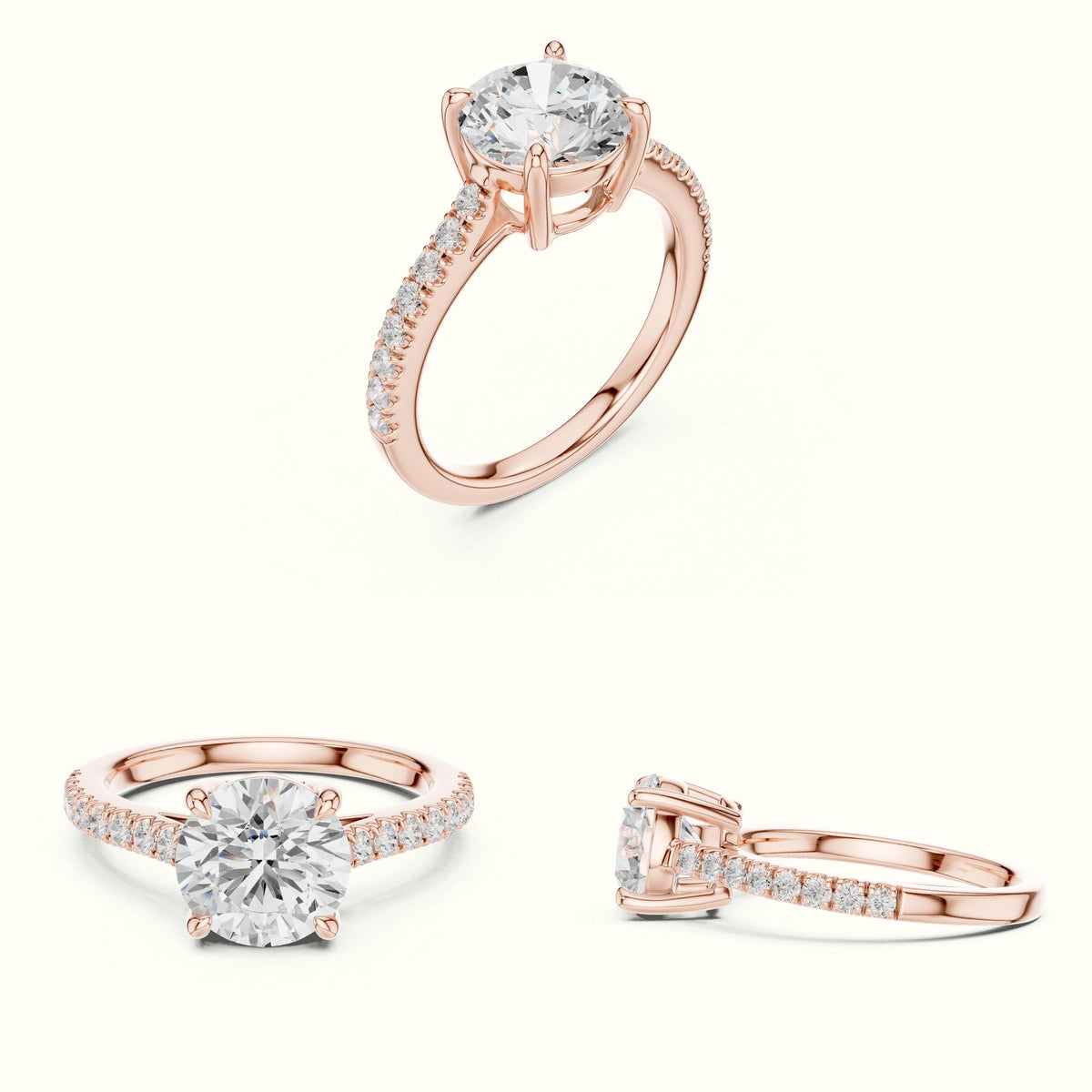 Round Lab Grown lab-grown diamond Pavé Engagement Ring — Rose gold, on the hand | Crystal N Cuts