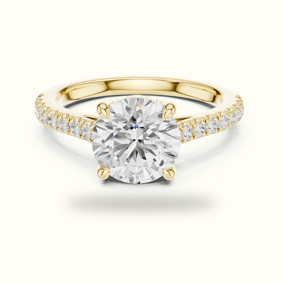 Round Lab Grown lab-grown diamond Pavé Engagement Ring — Yellow gold, front view | Crystal N Cuts