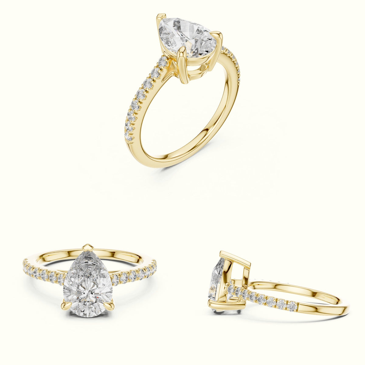Pear Lab-Grown Diamond Solitaire Engagement Ring DDLR-039 — Yellow gold, on the hand | Crystal N Cuts