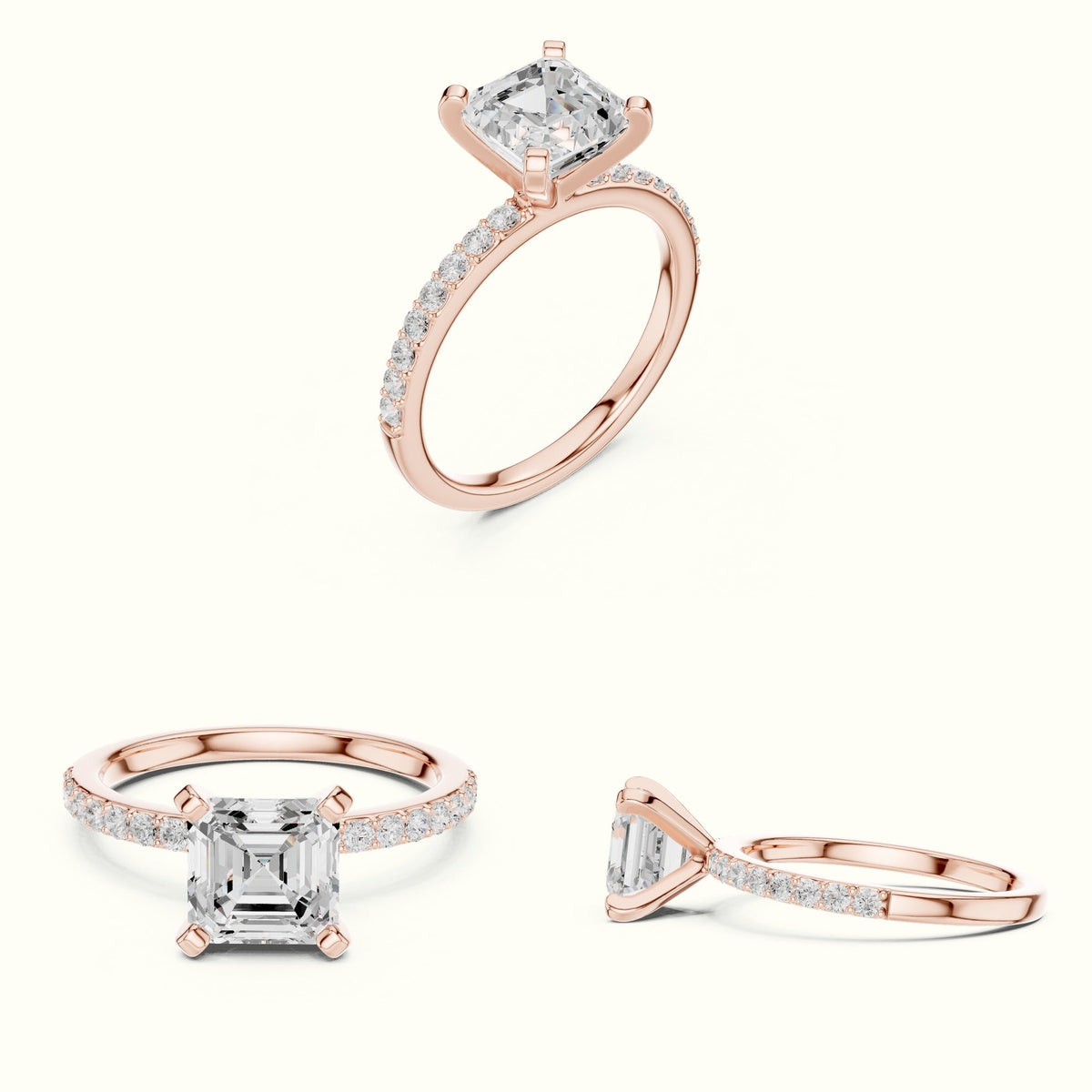 Asscher Cut Basket with Corner Prongs Solitaire Ring — Rose gold, on the hand | Crystal N Cuts