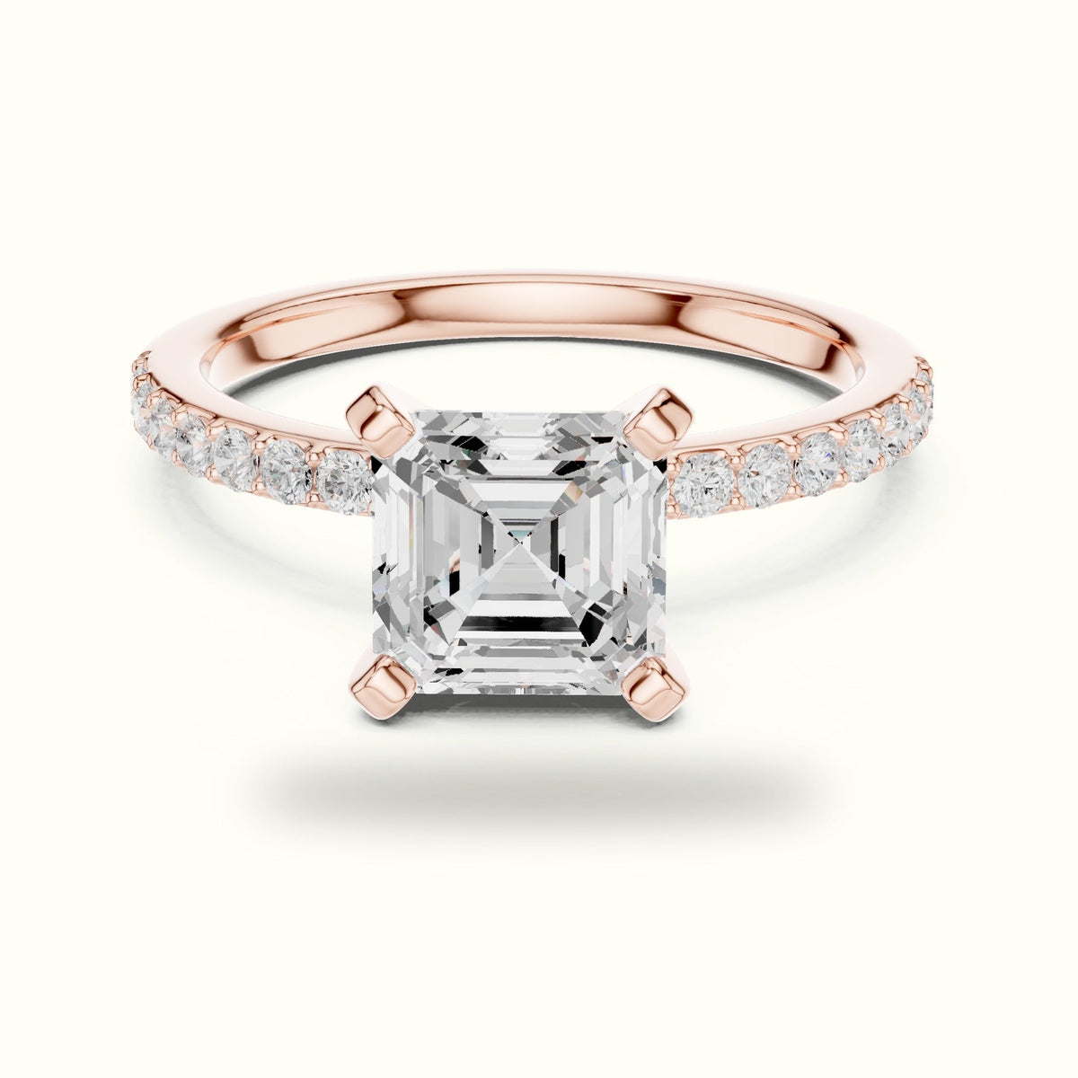 Asscher Cut Basket with Corner Prongs Solitaire Ring — Rose gold, front view | Crystal N Cuts