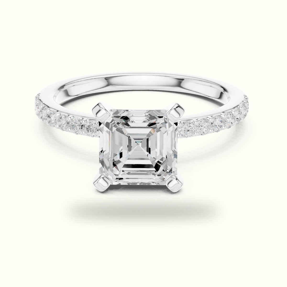 Asscher Cut Basket with Corner Prongs Solitaire Ring — White gold, front view | Crystal N Cuts