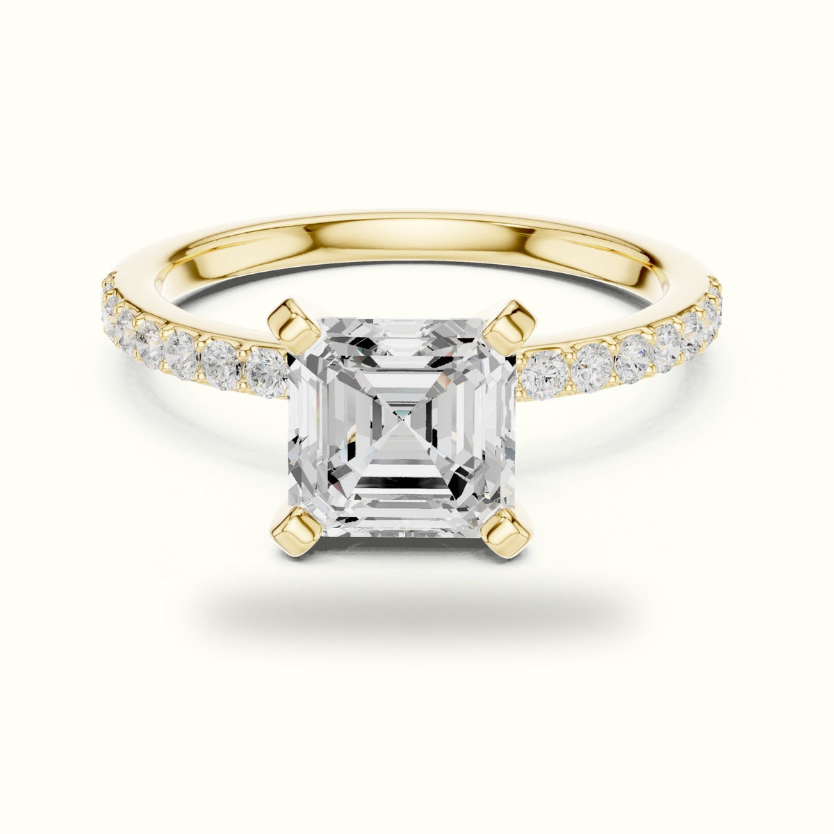 Asscher Cut Basket with Corner Prongs Solitaire Ring — Yellow gold, front view | Crystal N Cuts