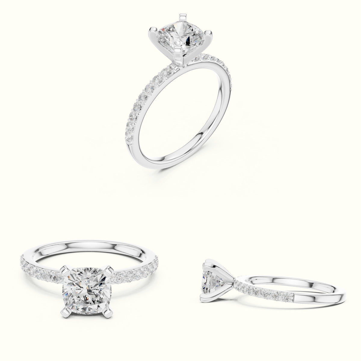 Cushion Cut Corner Prong Lab-Grown Solitaire Ring — White gold, on the hand | Crystal N Cuts