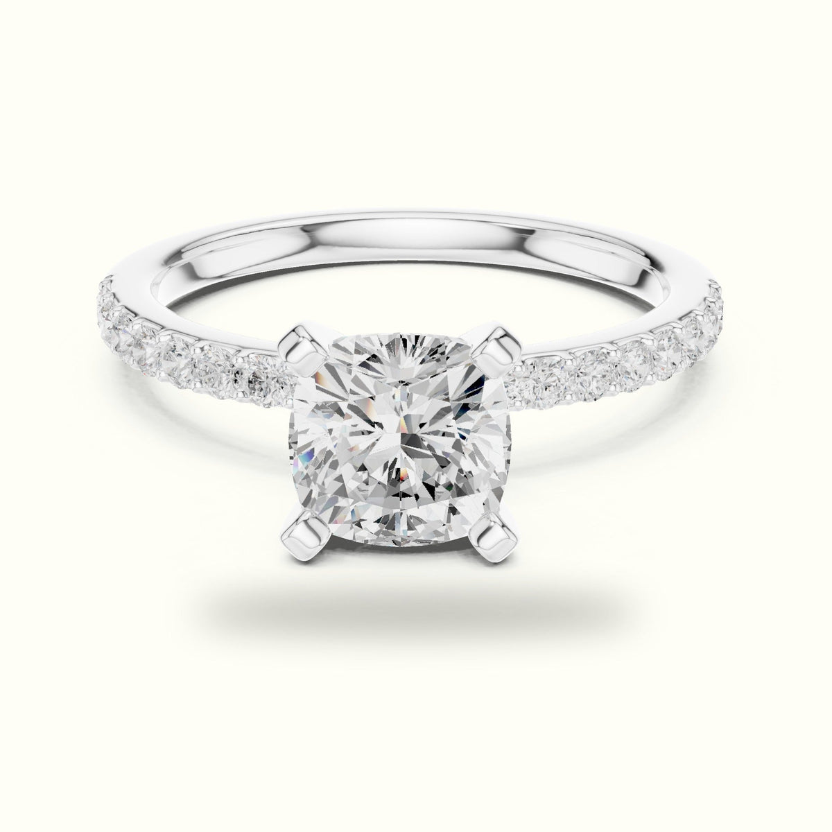 Cushion Cut Corner Prong Lab-Grown Solitaire Ring — White gold, front view | Crystal N Cuts