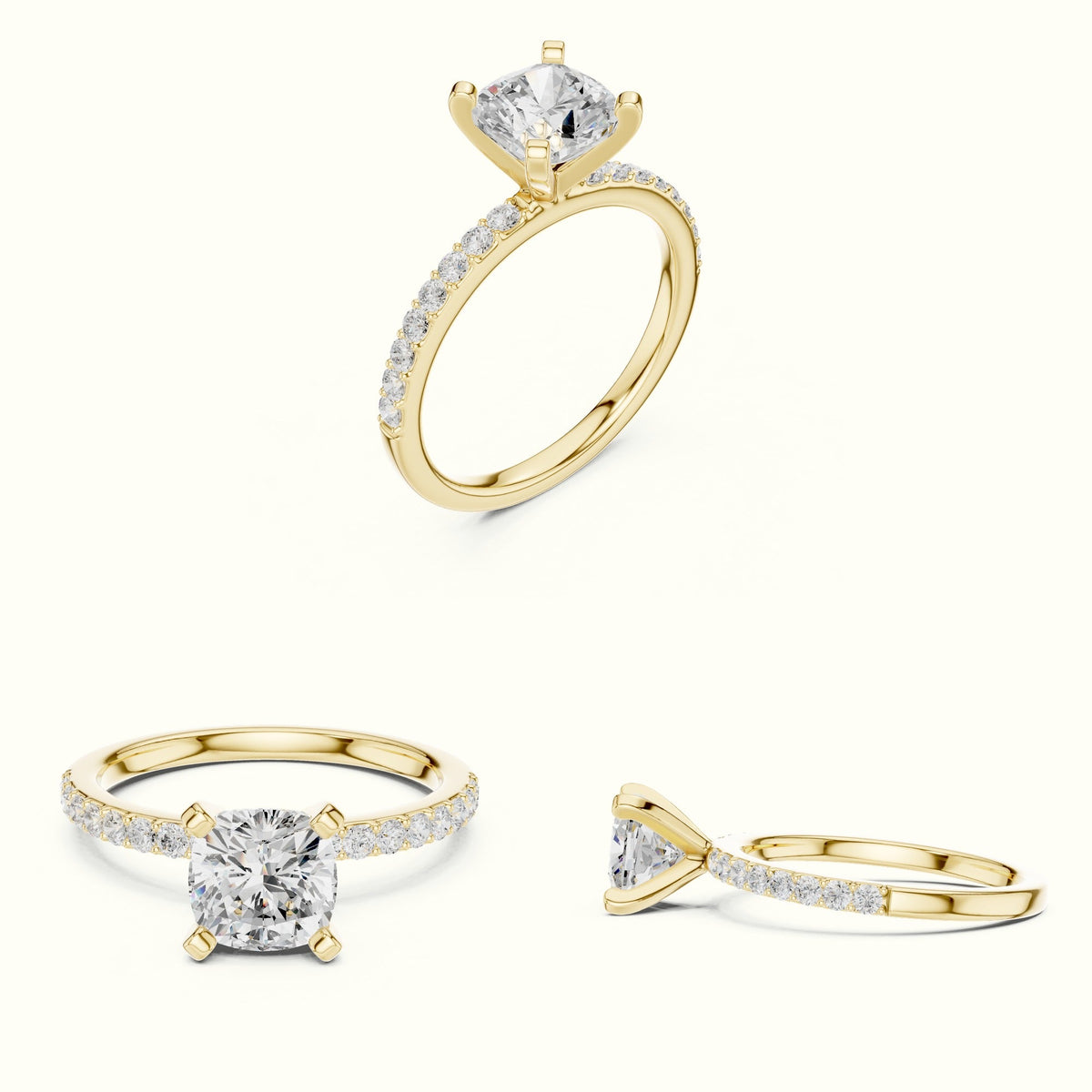 Cushion Cut Corner Prong Lab-Grown Solitaire Ring — Yellow gold, on the hand | Crystal N Cuts