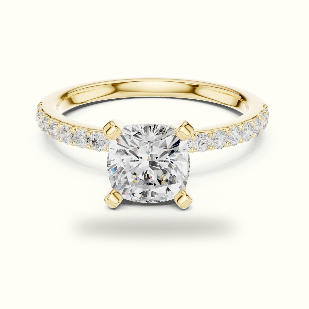 Cushion Cut Corner Prong Lab-Grown Solitaire Ring — Yellow gold, front view | Crystal N Cuts