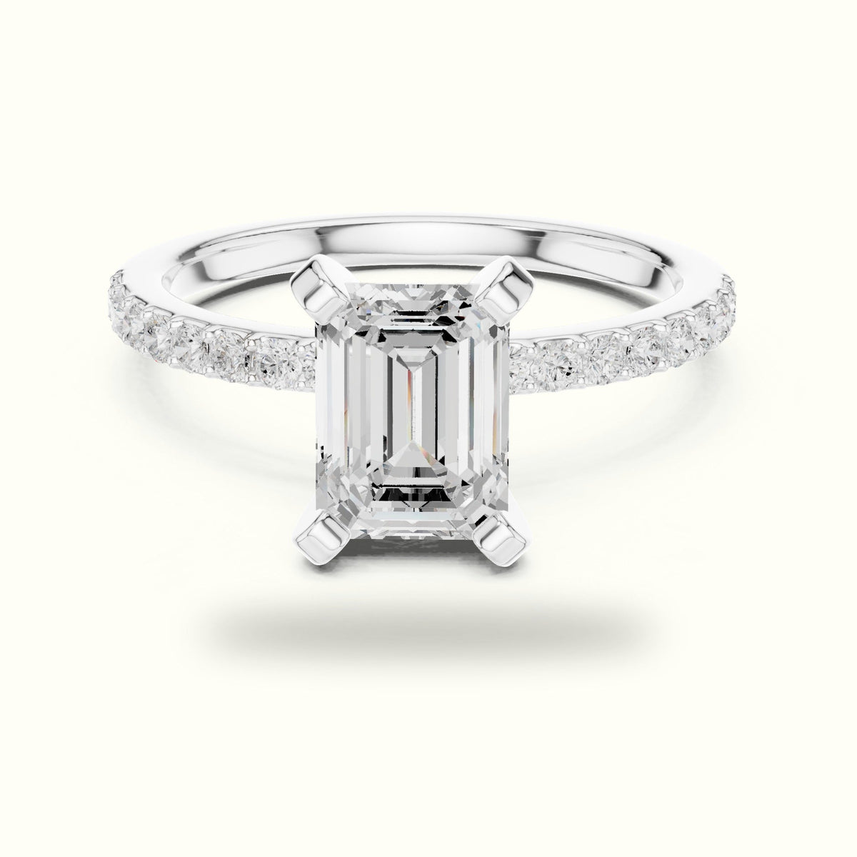 Emerald Cut Corner Prong Lab-Grown Solitaire Ring — White gold, front view | Crystal N Cuts