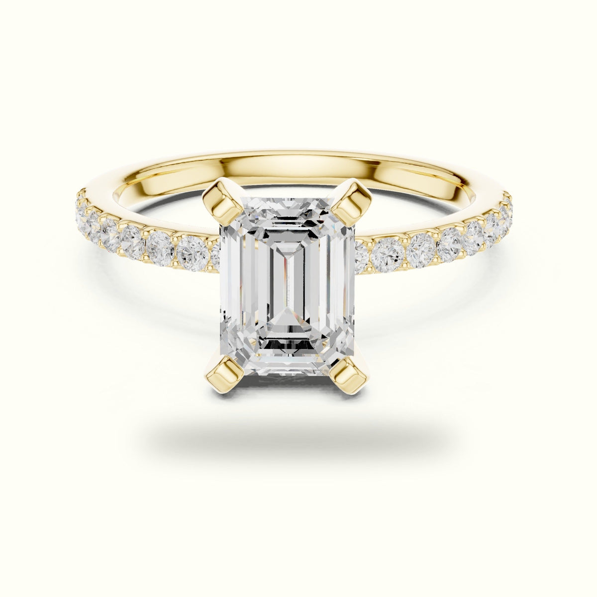 Emerald Cut Corner Prong Lab-Grown Solitaire Ring — Yellow gold, front view | Crystal N Cuts