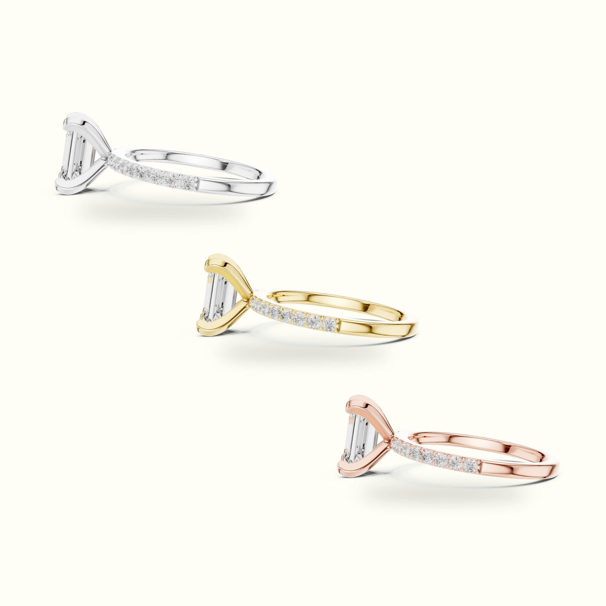Emerald Cut Corner Prong Lab-Grown Solitaire Ring — White gold, in yellow, white and rose gold | Crystal N Cuts