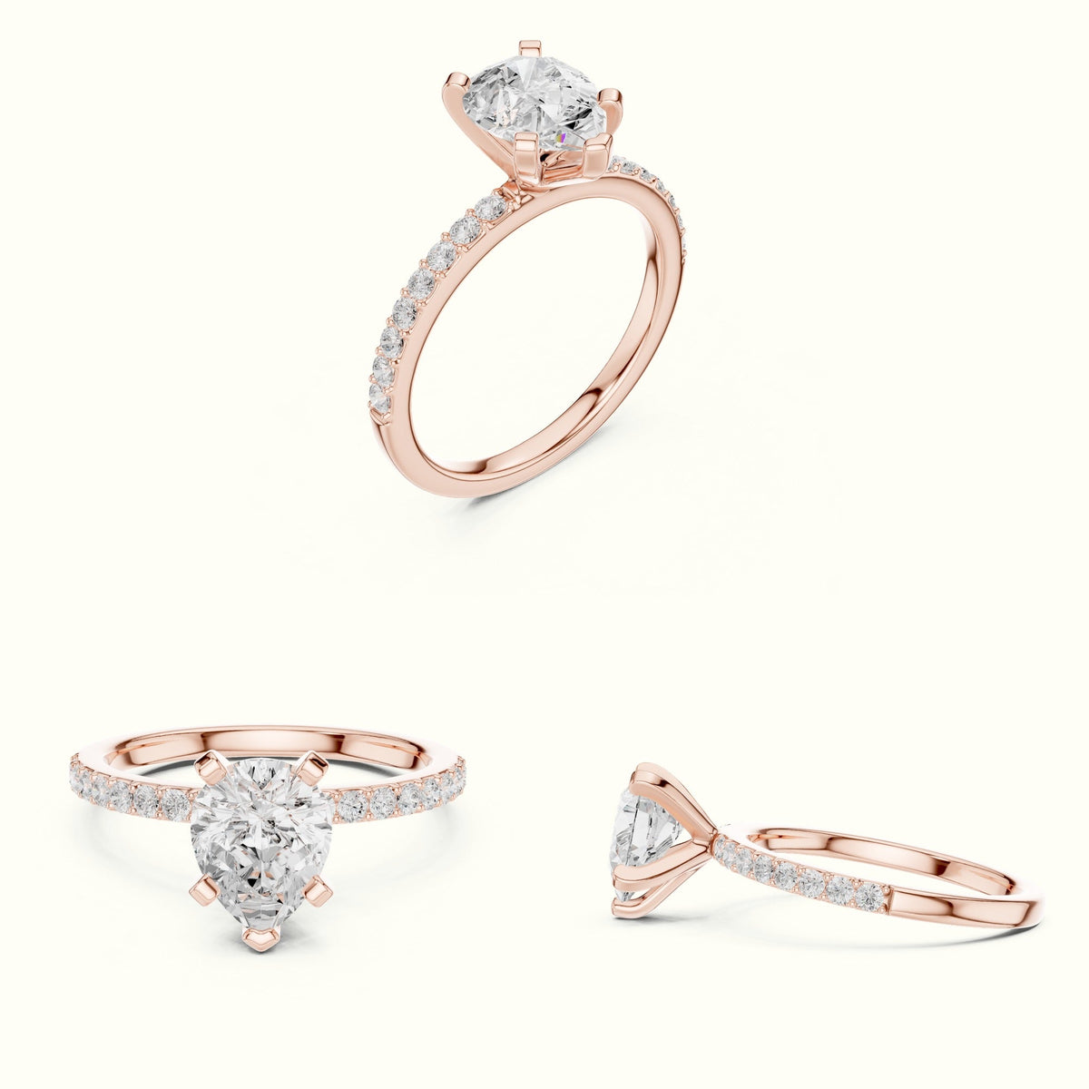 Pear Peg Head Lab-Grown Diamond Solitaire Ring — Rose gold, on the hand | Crystal N Cuts