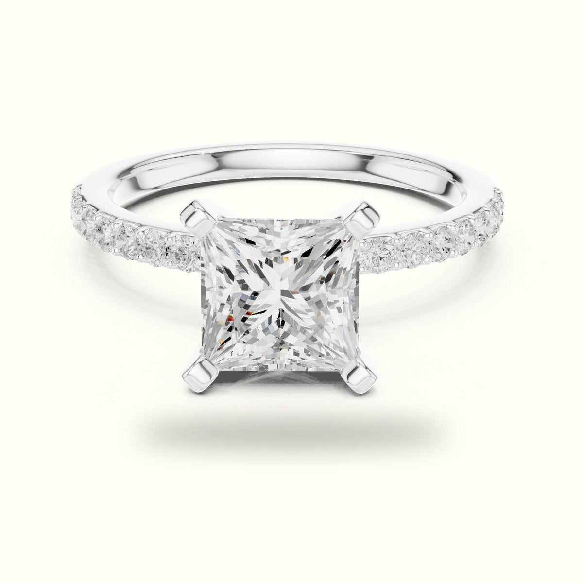 Princess Cathedral Lab-Grown Diamond Solitaire Ring — White gold, front view | Crystal N Cuts