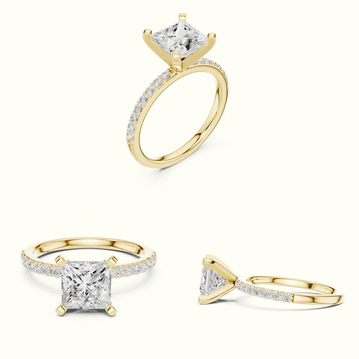 Princess Cathedral Lab-Grown Diamond Solitaire Ring — Yellow gold, on the hand | Crystal N Cuts