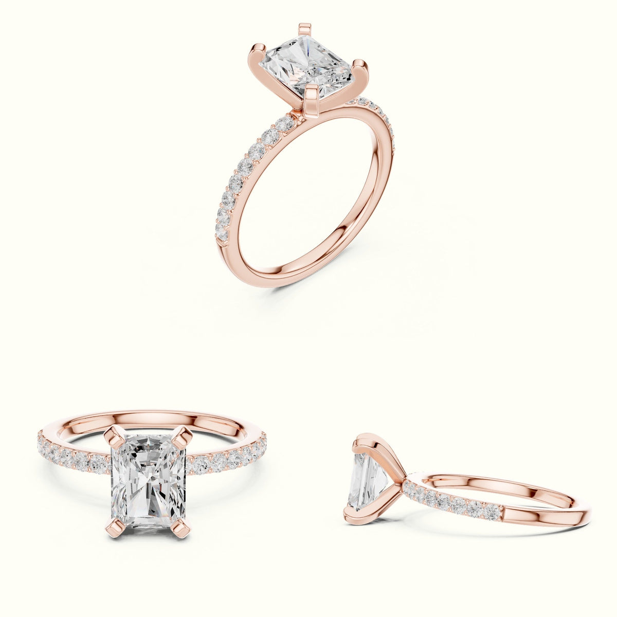 Radiant Corner Prong Lab-Grown Solitaire Ring — Rose gold, on the hand | Crystal N Cuts