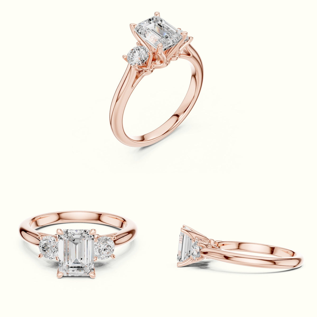 Emerald Three-Stone Lab-Grown Diamond Ring — Rose gold, on the hand | Crystal N Cuts