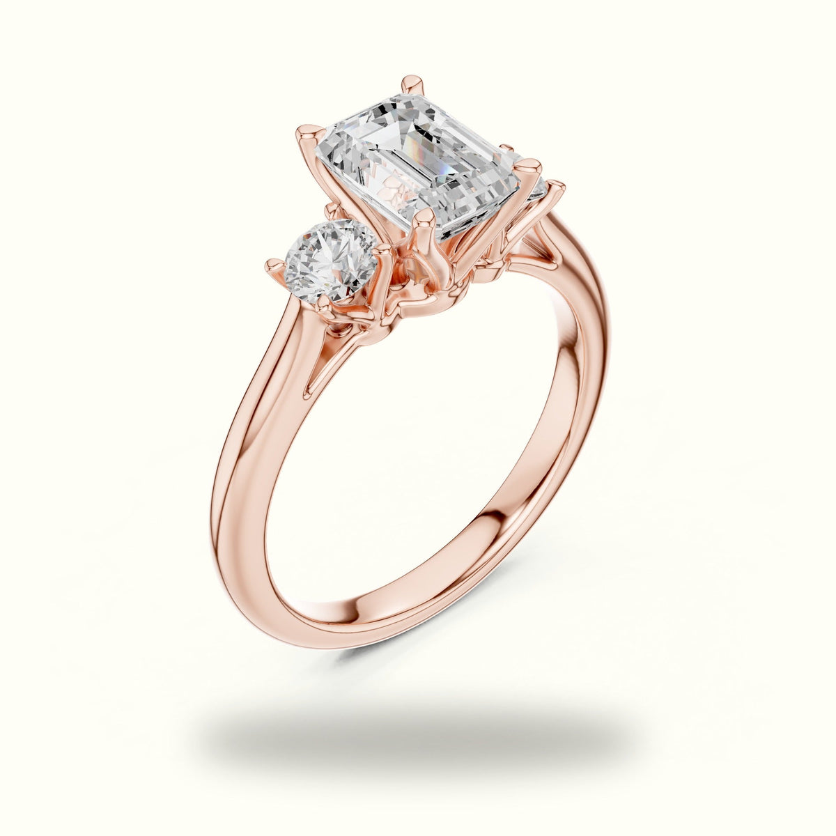 Emerald Three-Stone Lab-Grown Diamond Ring — Rose gold, view 2 | Crystal N Cuts