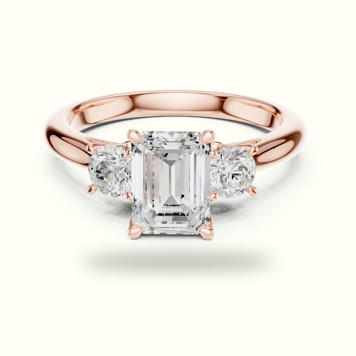Emerald Three-Stone Lab-Grown Diamond Ring — Rose gold, front view | Crystal N Cuts