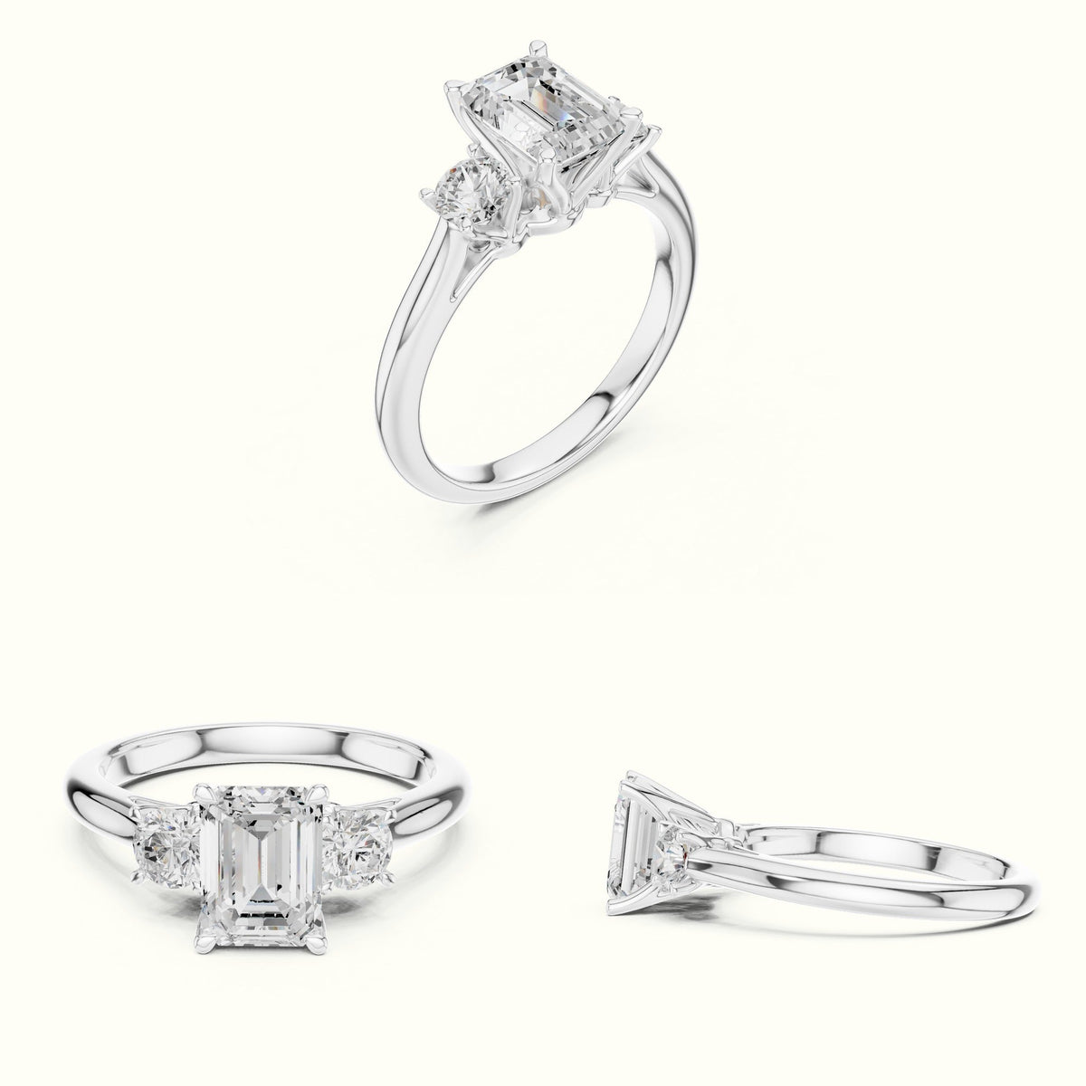 Emerald Three-Stone Lab-Grown Diamond Ring — White gold, on the hand | Crystal N Cuts