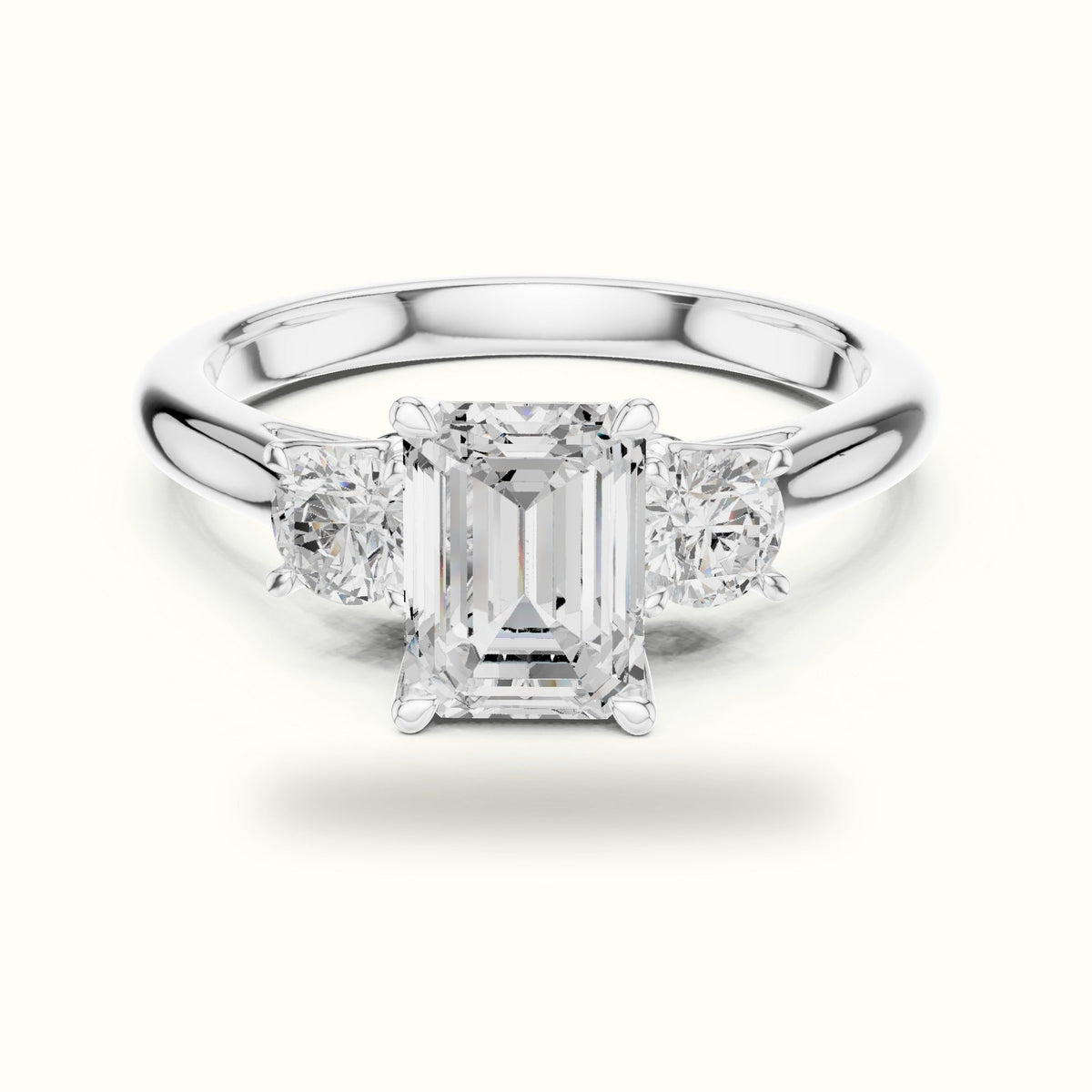 Emerald Three-Stone Lab-Grown Diamond Ring — White gold, front view | Crystal N Cuts