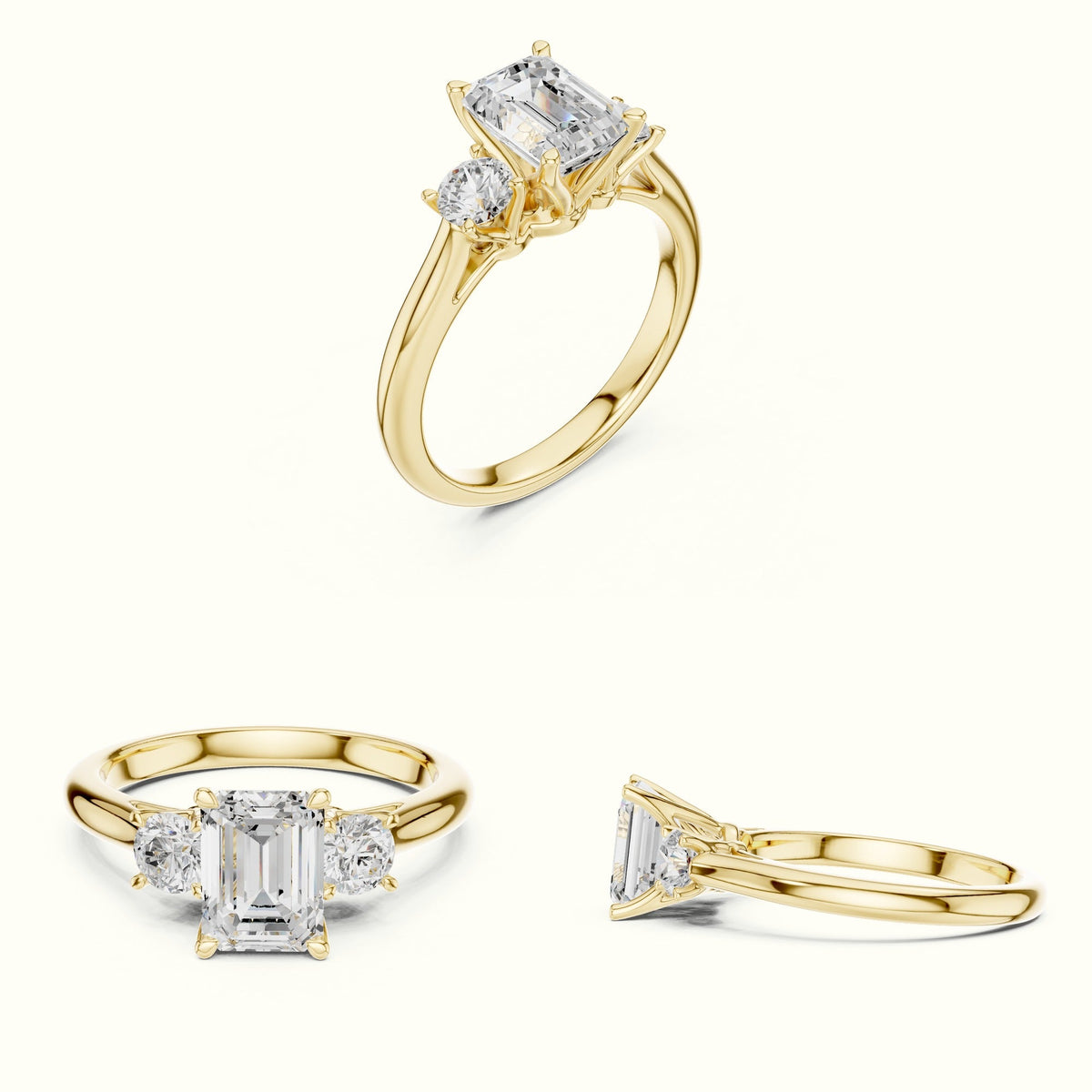 Emerald Three-Stone Lab-Grown Diamond Ring — Yellow gold, on the hand | Crystal N Cuts